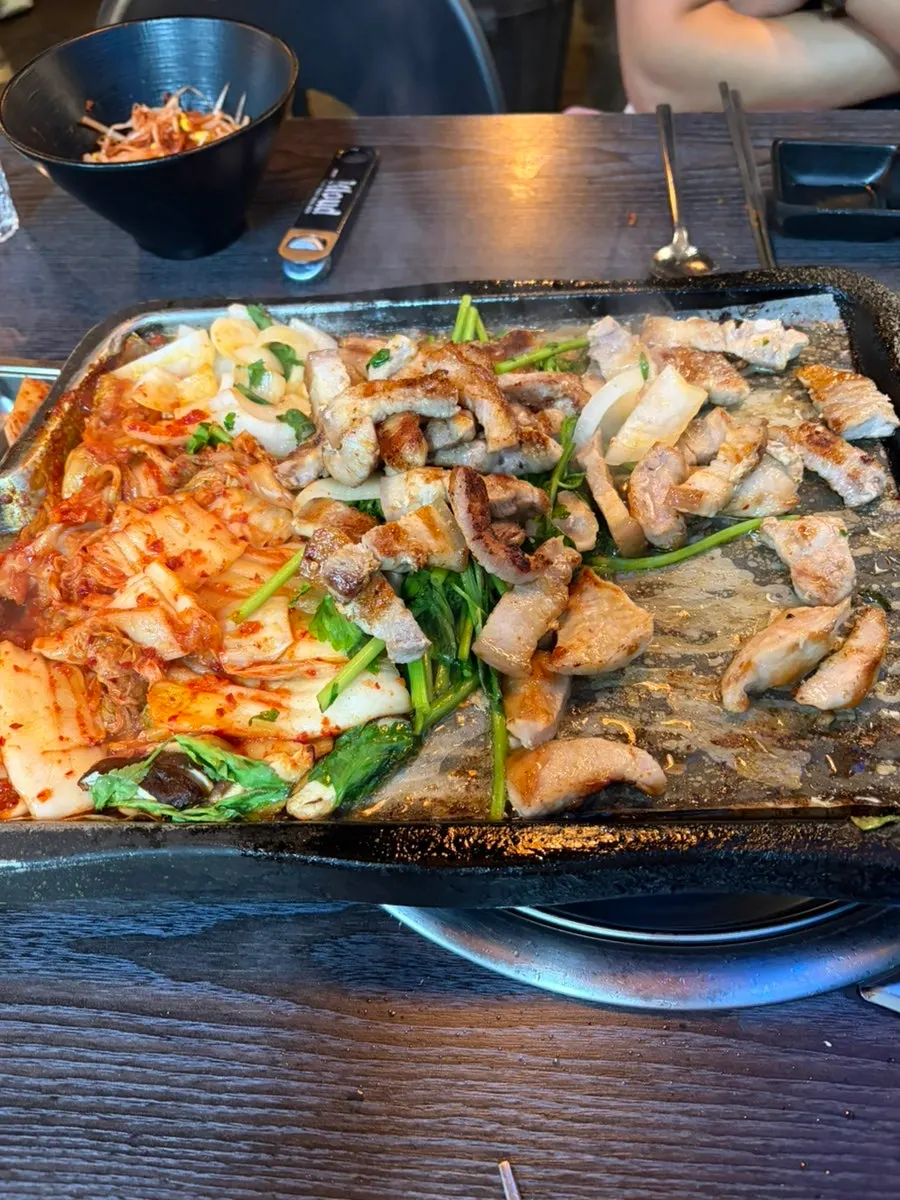 Pork belly meal setting with kimchi jjigae