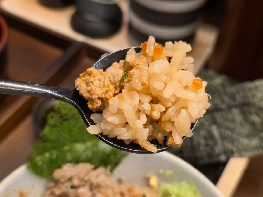 Egg, salmon roe and ankimo on top of kaisendon