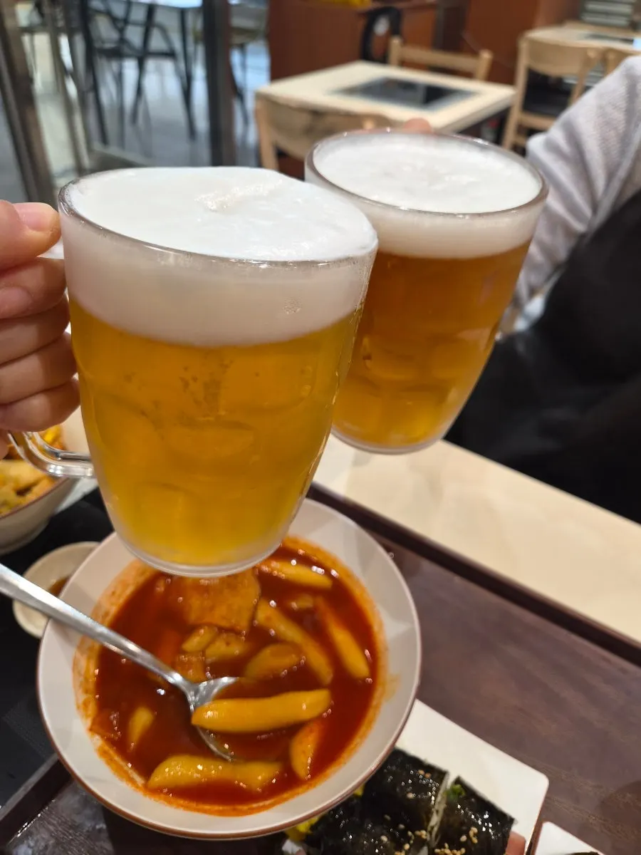 Cold beer ordered with tteokbokki