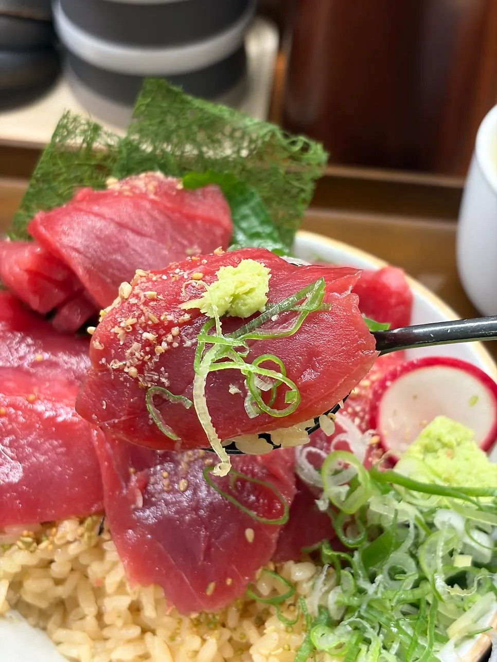 A thick-cut piece of tsuke tuna