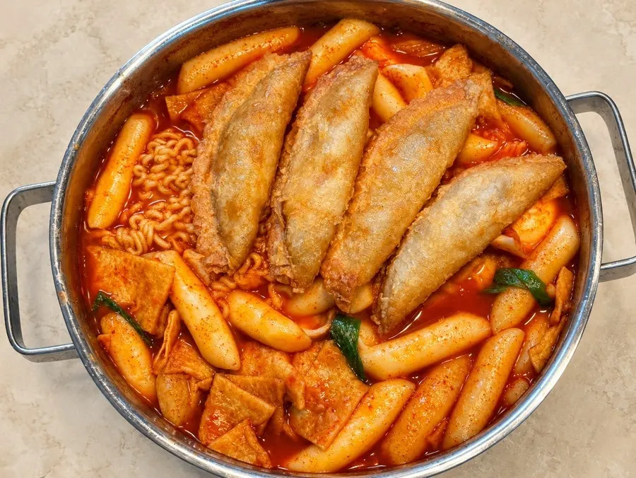 Una olla de tteokbokki instantáneo ya cocinado