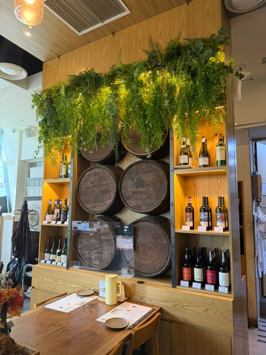 Wine barrel decor inside the store