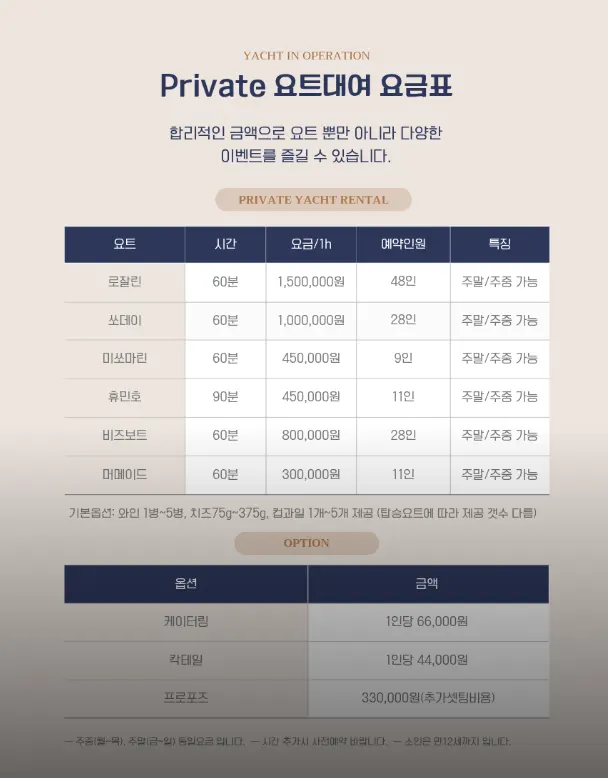 요트 대여 요금 안내