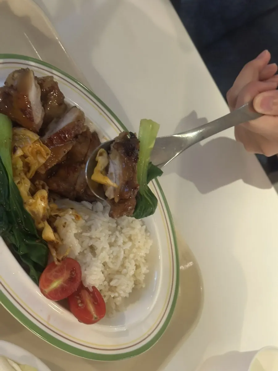 Chicken-broth-soaked rice topped with bok choy