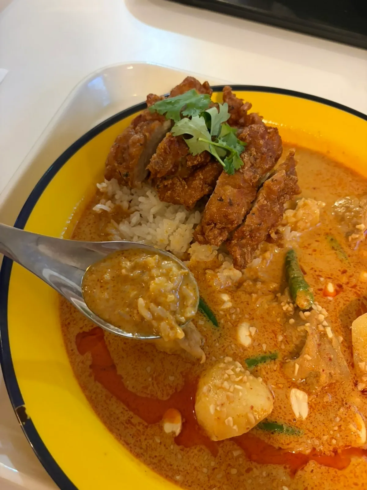Red curry chicken rice with potatoes, chicken cutlet, and aromatic rice