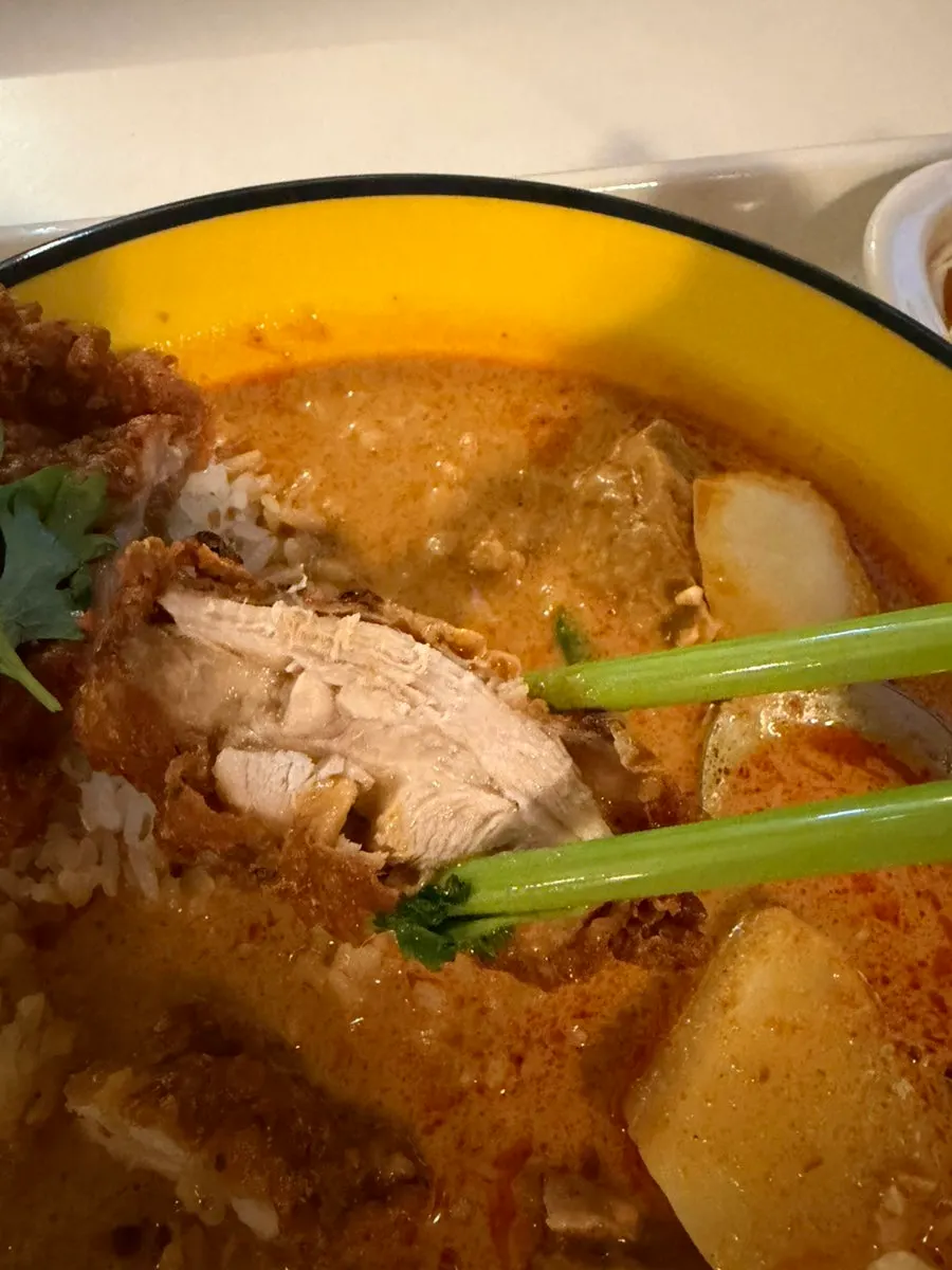 Tender chicken placed over curry rice