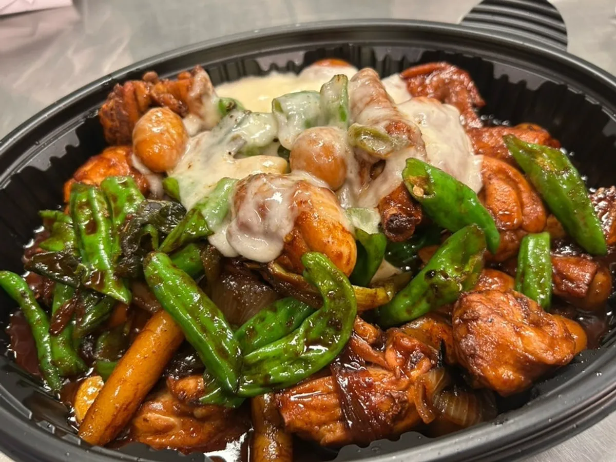 Shishito pepper chicken stir-fry with extra cheese