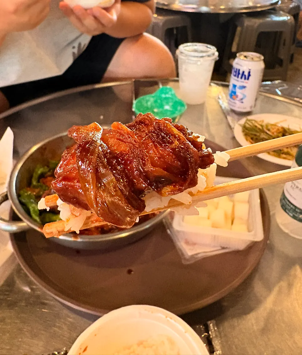 Close-up of dakbokkeum with added toppings
