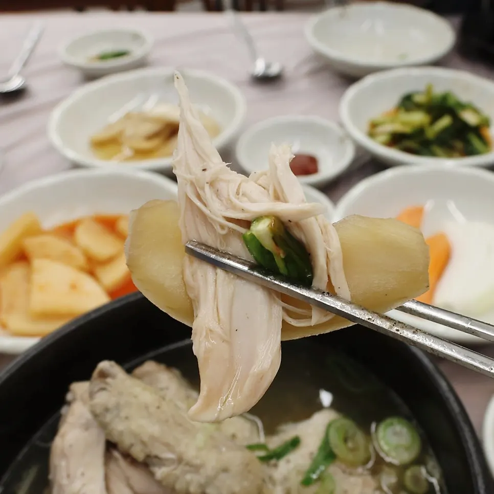 집간장에 찍어 먹는 삼계탕 닭살