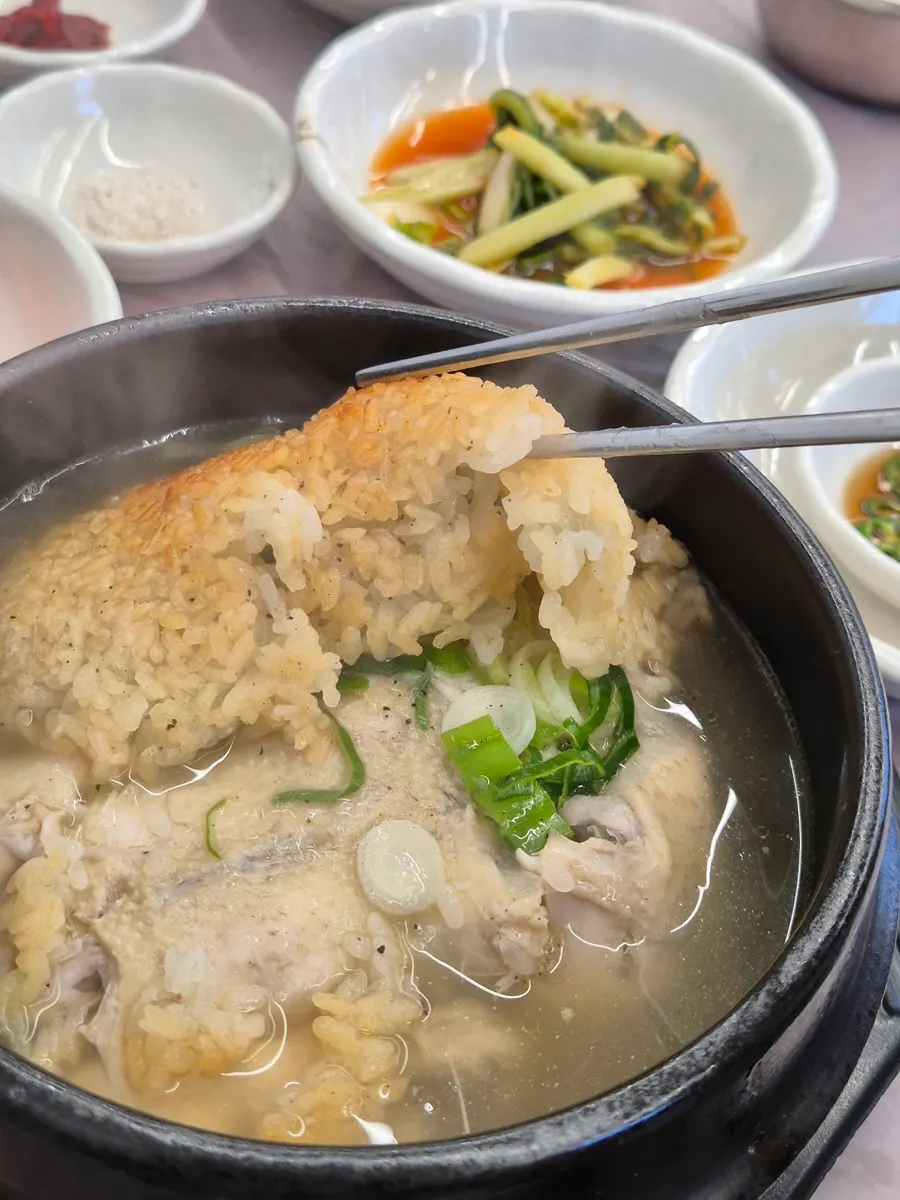 Scorched-rice herbal samgyetang with the rice soaked in broth