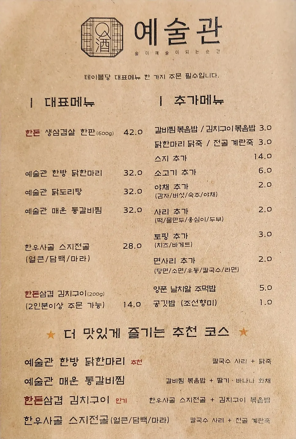 Menu Yesulgwan Sungshin Women's University Branch
