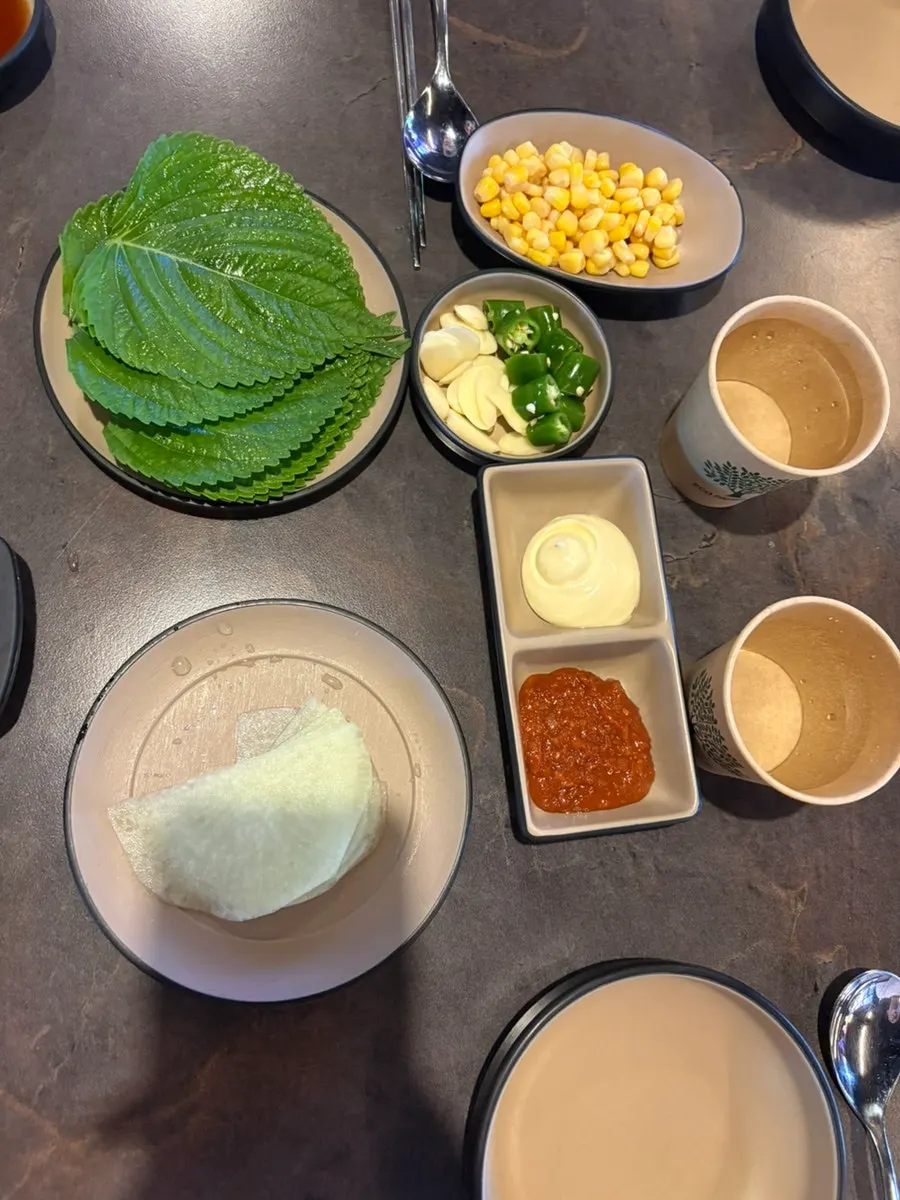 Basic table setup for wrapping pork belly kimchi grill