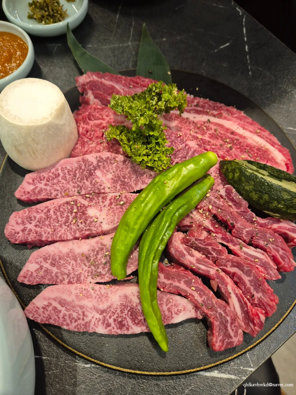 Marbling on the sirloin and galbisal from the Yong Hanu Myeongji Branch hanwoo set