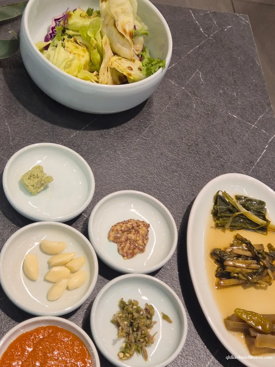 Sauces for meat including wasabi, ssamjang, and whole grain mustard
