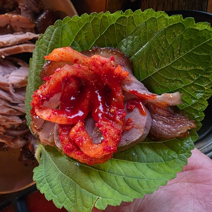 A piece of jokbal showing its chewy skin