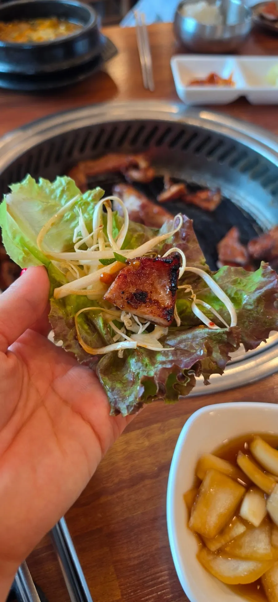 Close-up of well-cooked seasoned pork galbi