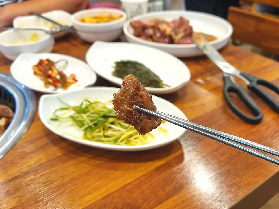 Table spread of cooked seasoned pork galbi with side dishes