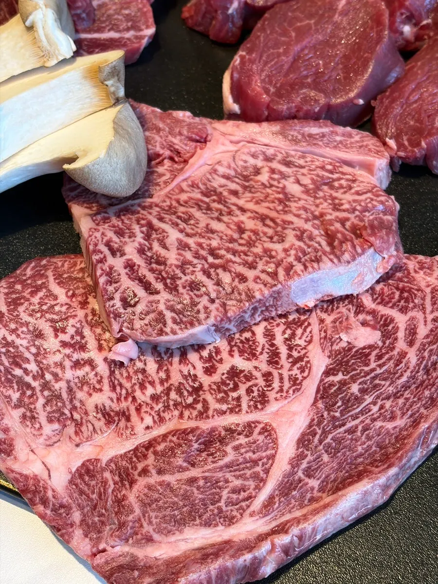 Close-up of densely marbled hanwoo sirloin