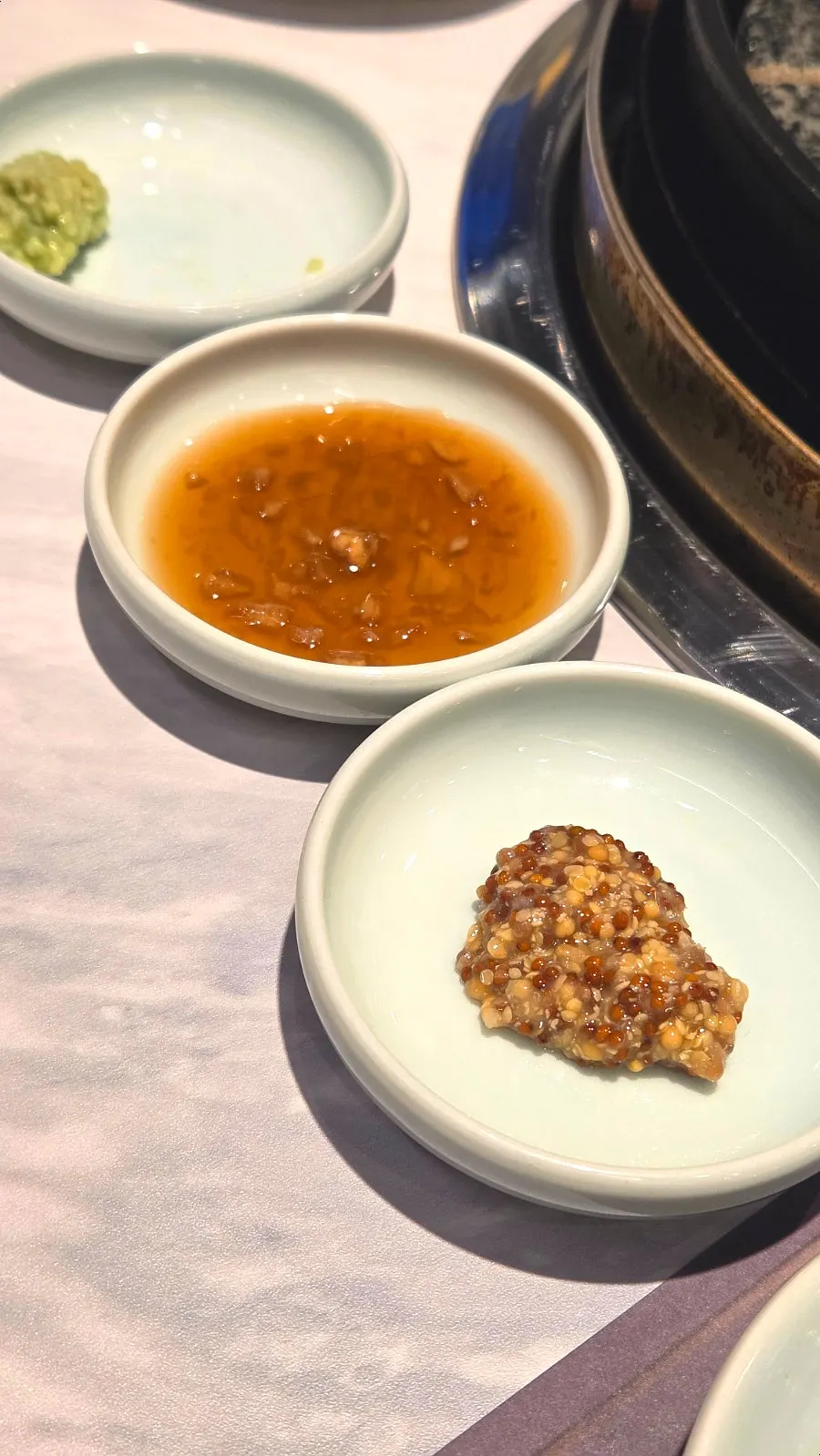 Table setting with Maldon salt and garlic soy sauce