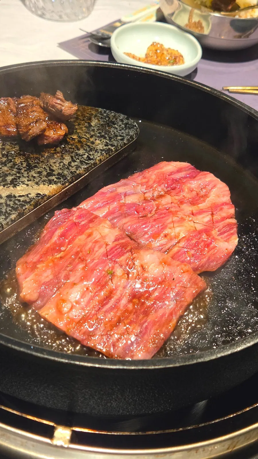 Seasoned galbi cut into pieces to feed to the kids
