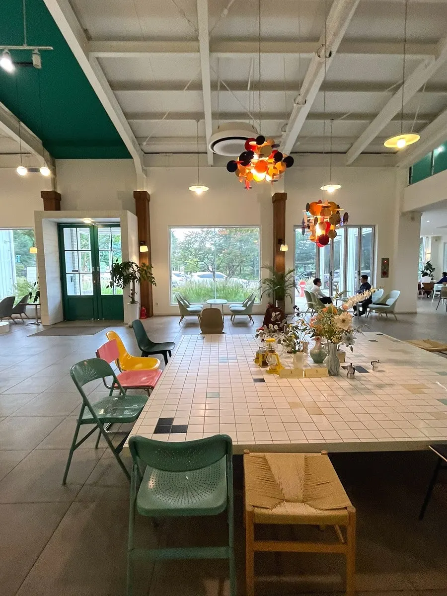 Large café hall with a variety of seating arranged
