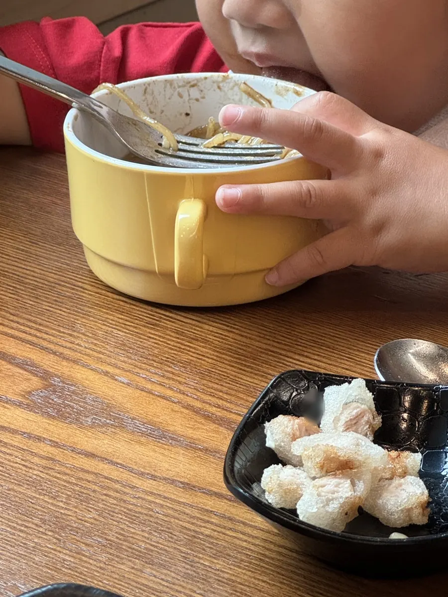 Baby jjajang served with kids' tableware