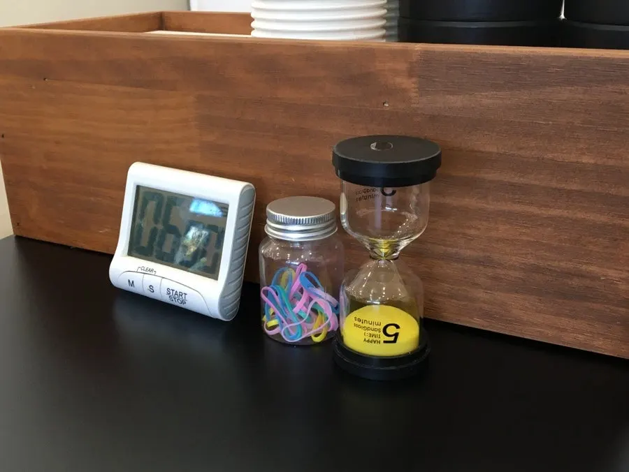 Timer and hair tie set out on the table