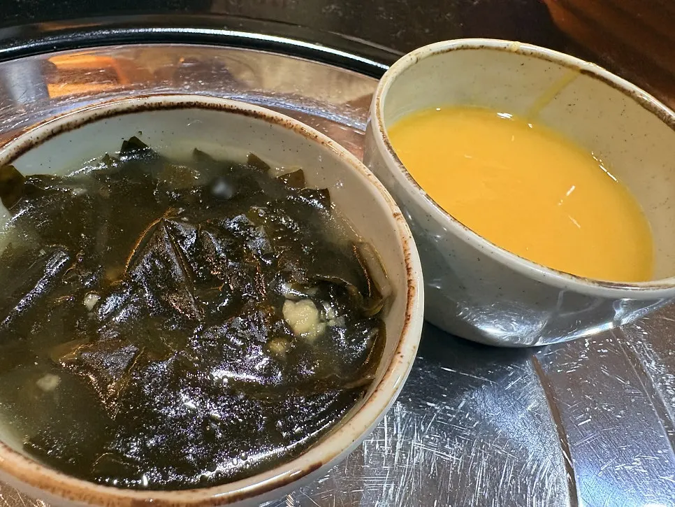 Pumpkin porridge and seaweed soup at the self-serve corner