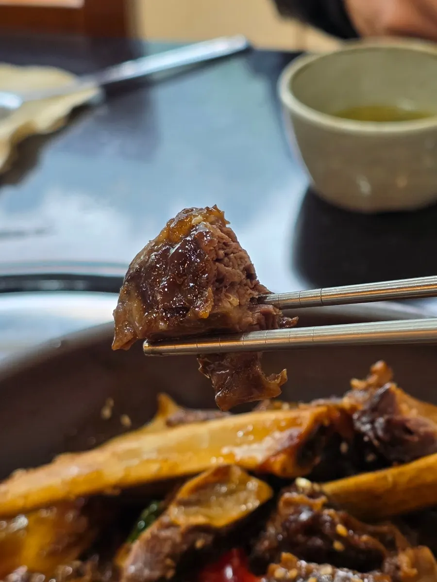 Large chunks of braised beef short rib with radish and carrot