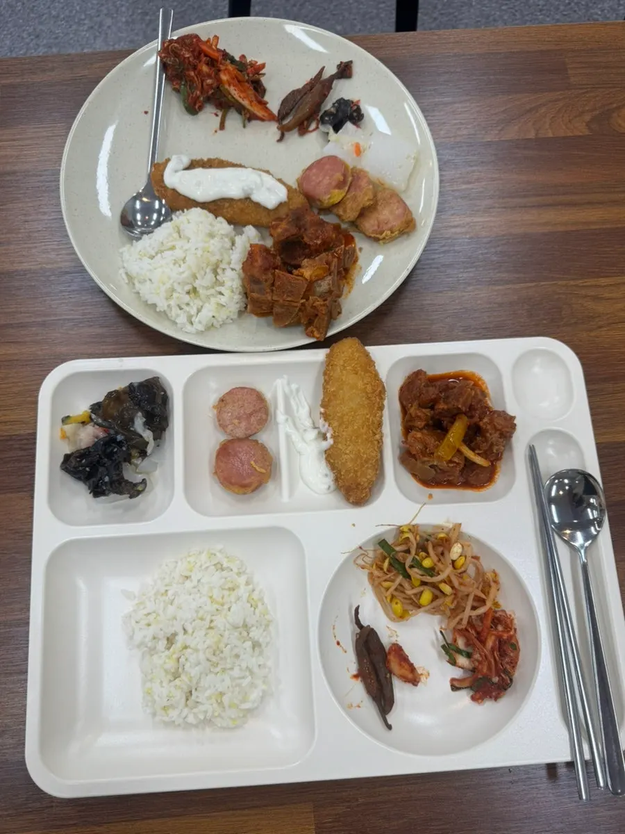 반찬을 가득 담은 한식뷔페 식판 한 상