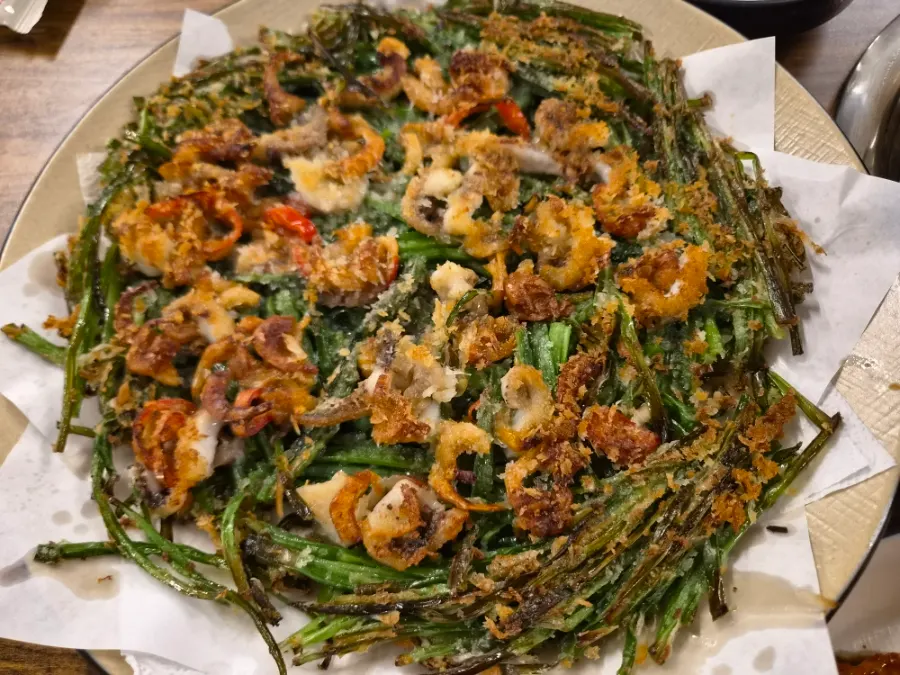 A full plate of the best-menu jjukkumi seafood chive pancake