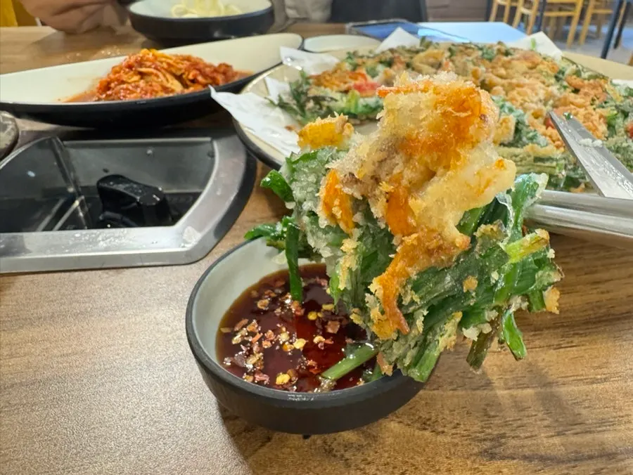 Seafood chive pancake with jjukkumi and dried shrimp