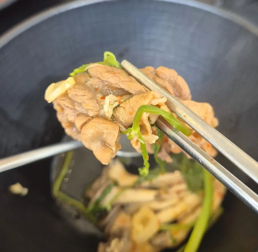 Meat and mushrooms infused with broth