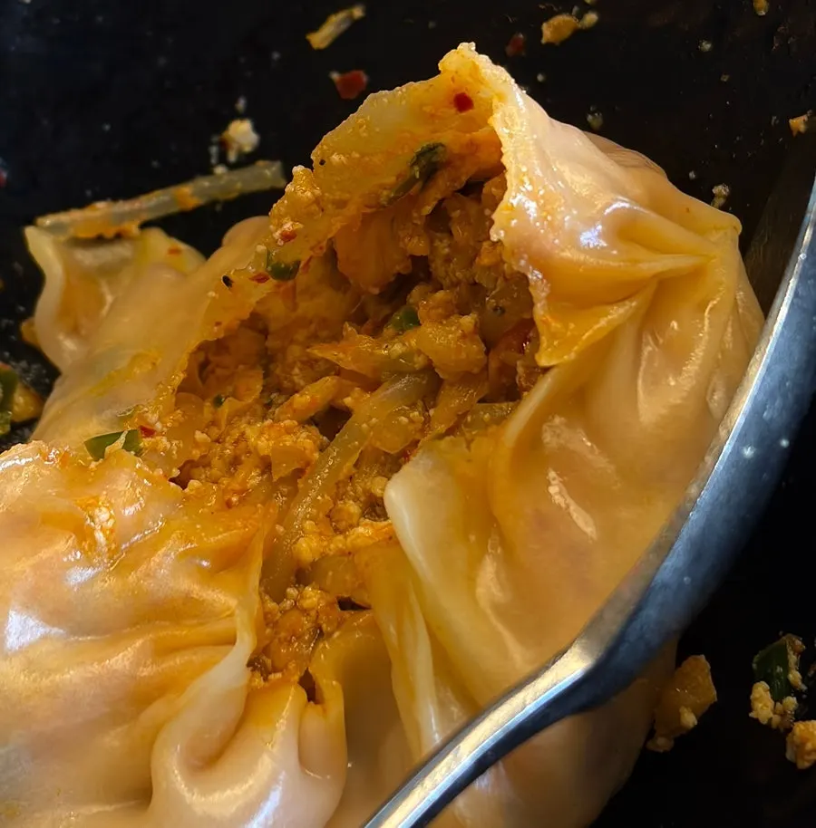 Close-up shot of the dumpling skin and filling