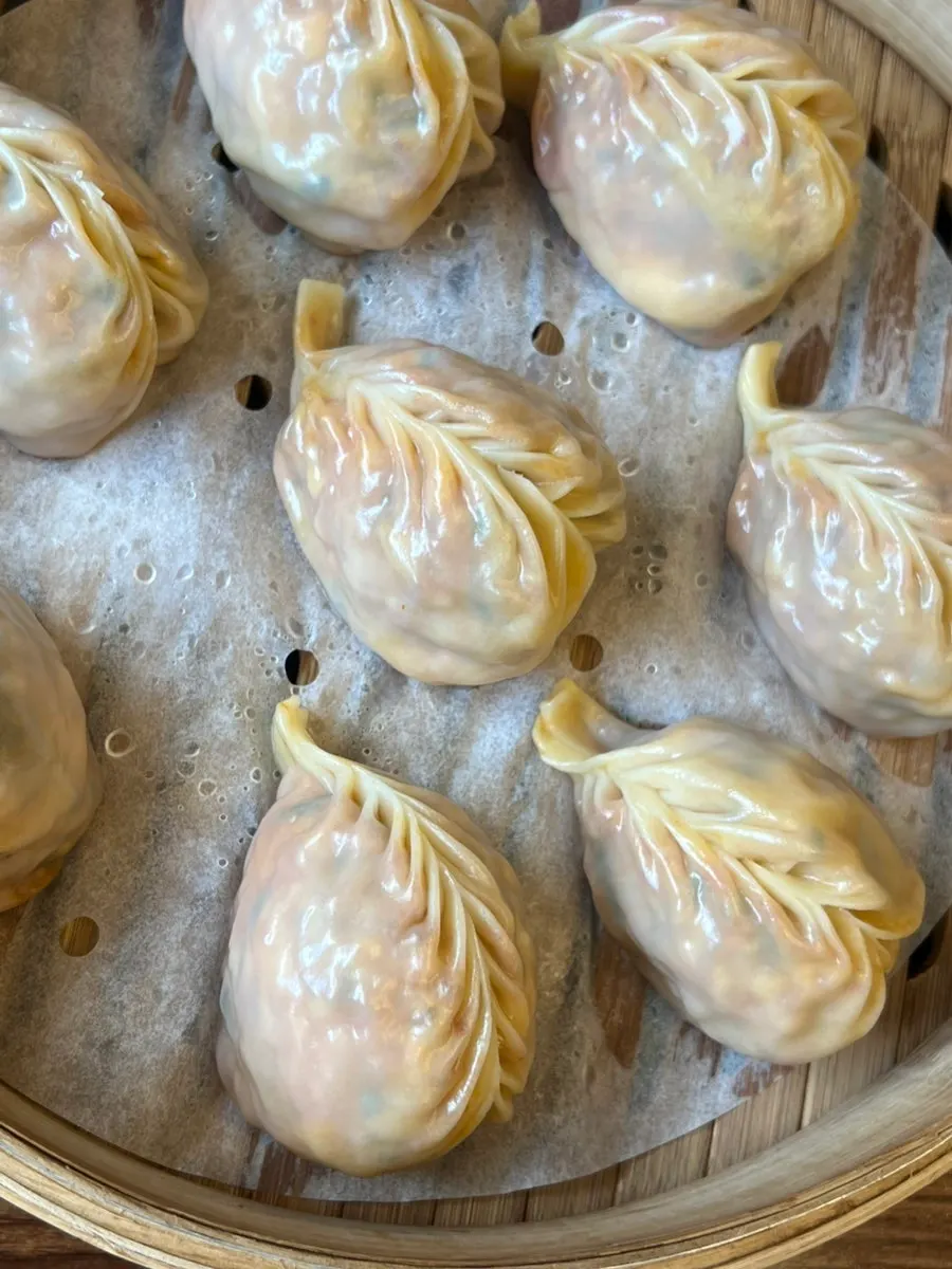 Close-up of kalmandu-guk noodles and dumplings