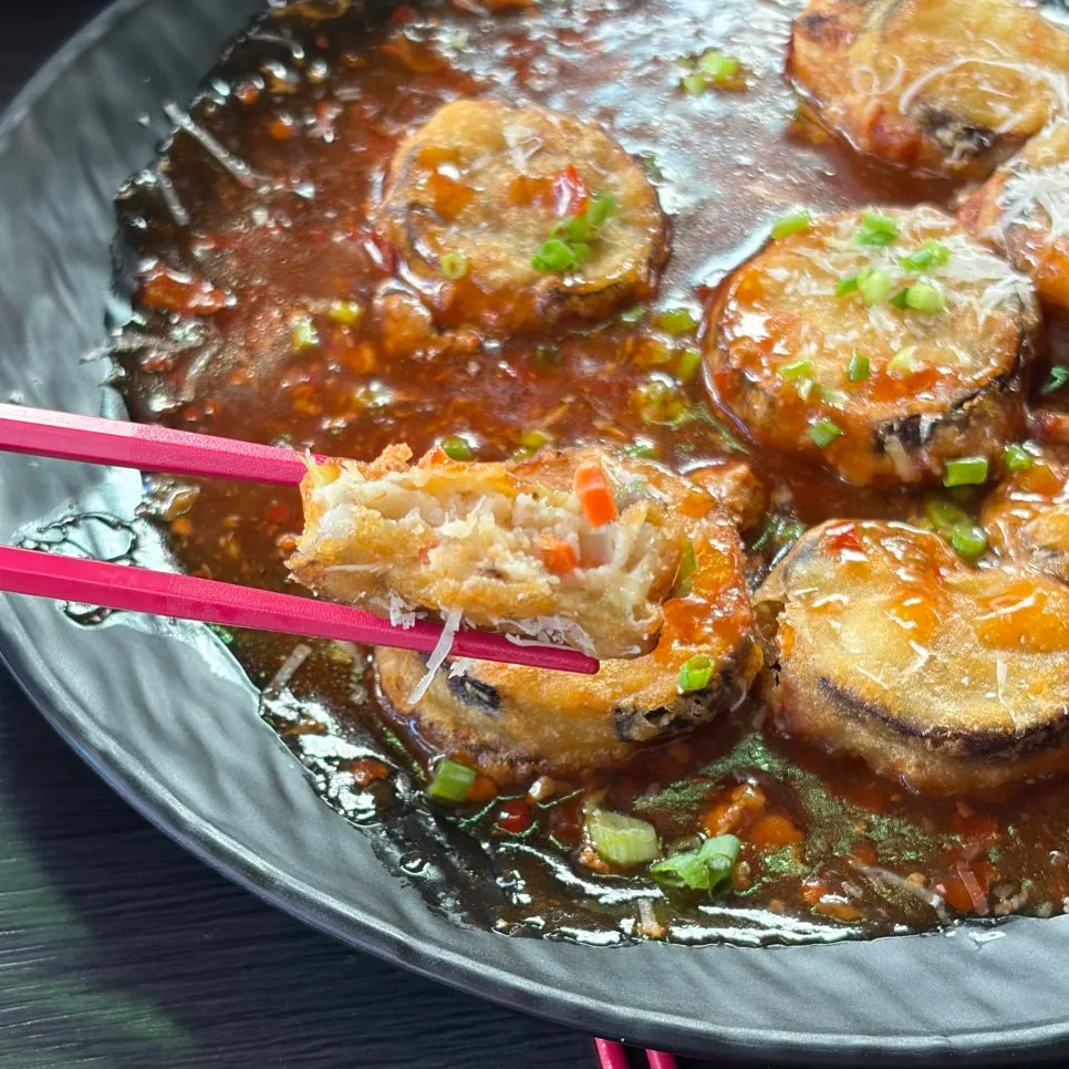 The nearly finished plate of fish-tank eggplant fritters