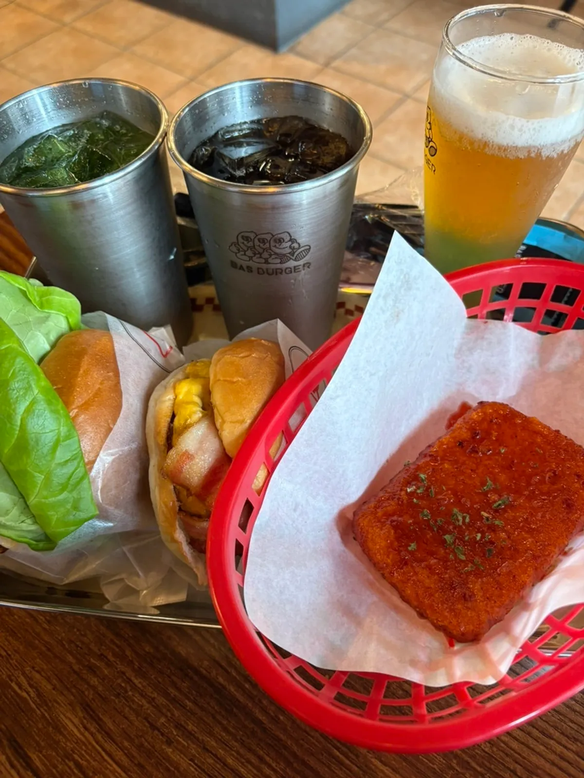 Ordered handmade burgers and side dishes