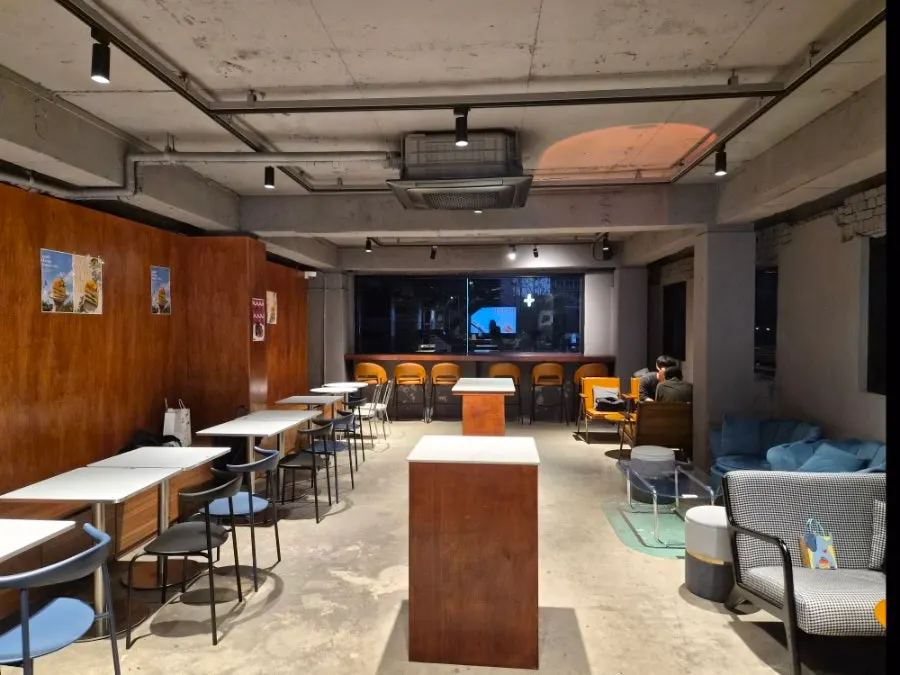 Spacious, well-decorated café seating area