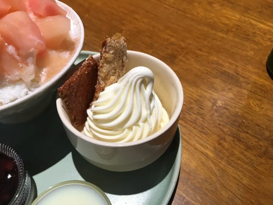 빙수와 함께 나온 아이스크림과 팥, 연유