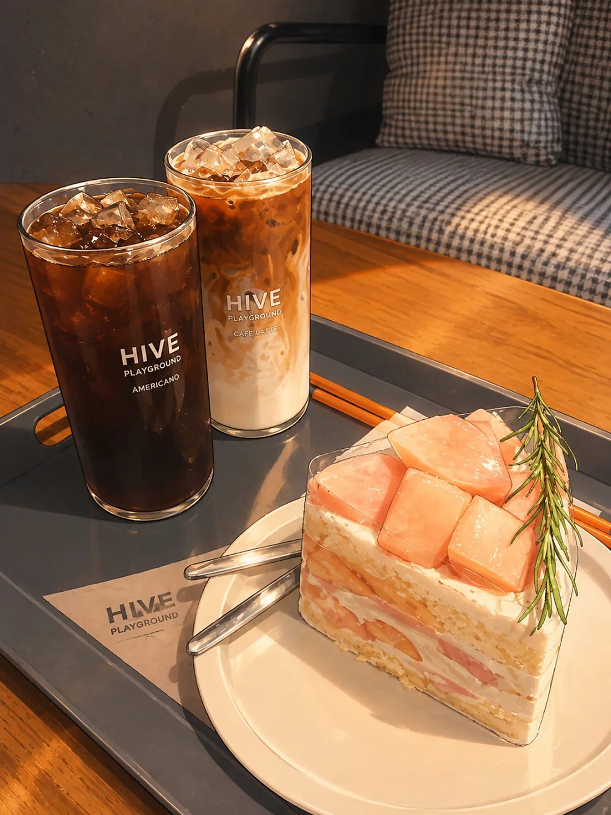 Kek peach yogurt dan kopi di HYBE Playground