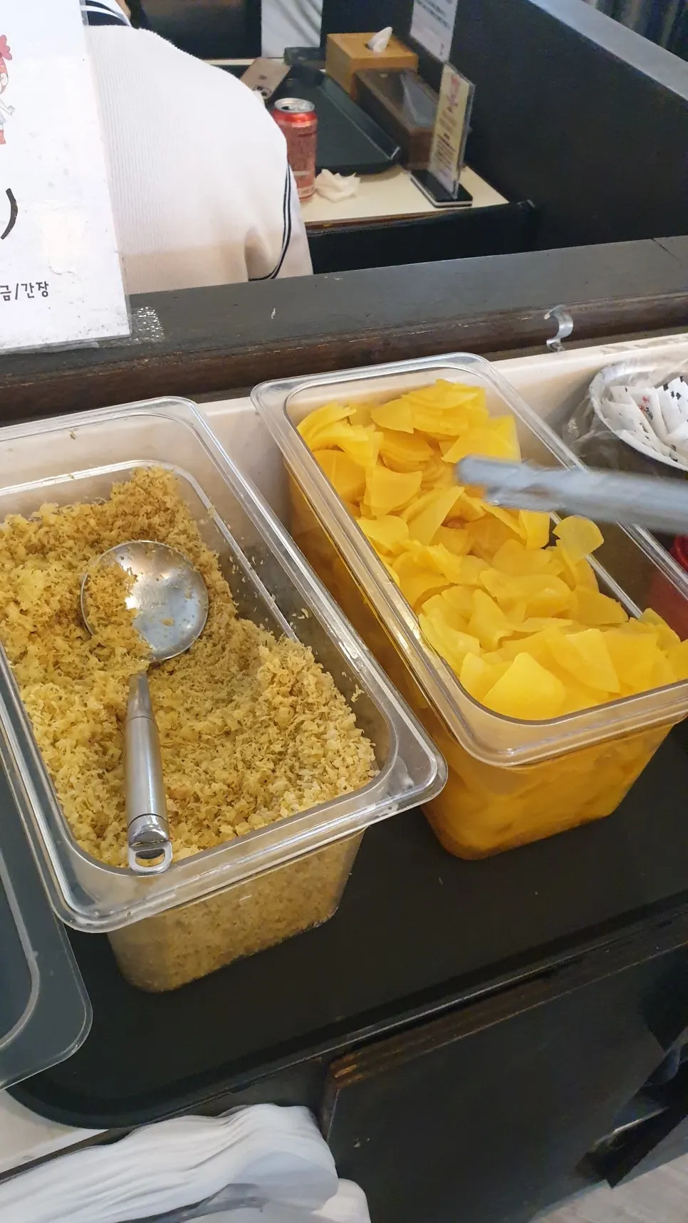 Fried batter powder container at the self-serve bar