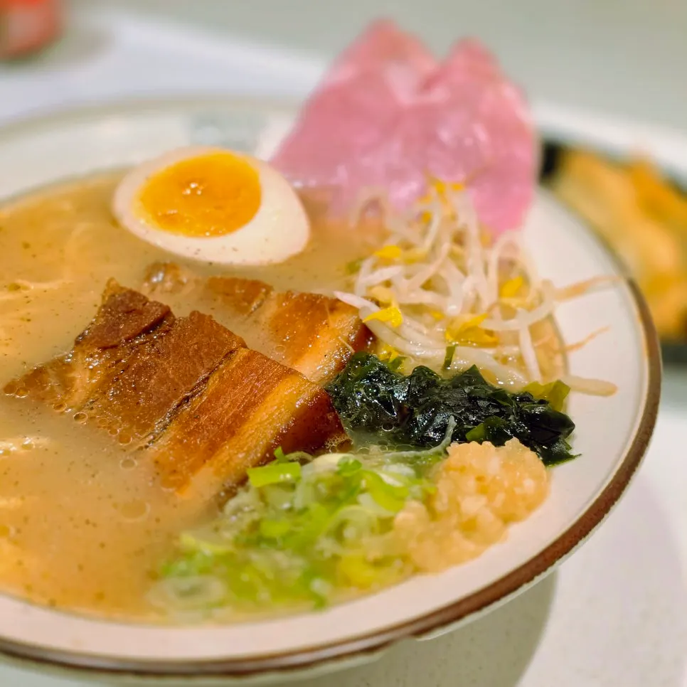Close-up of dongpo pork char siu ramen