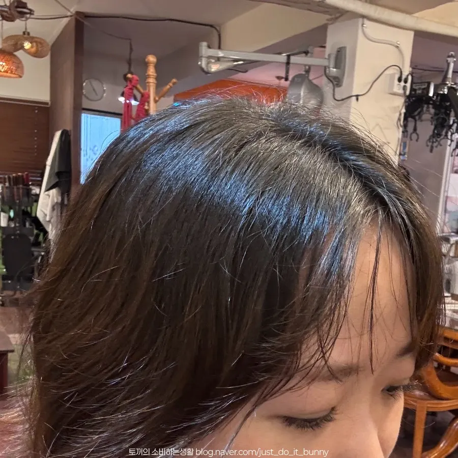 Hair before coloring with uneven roots and color