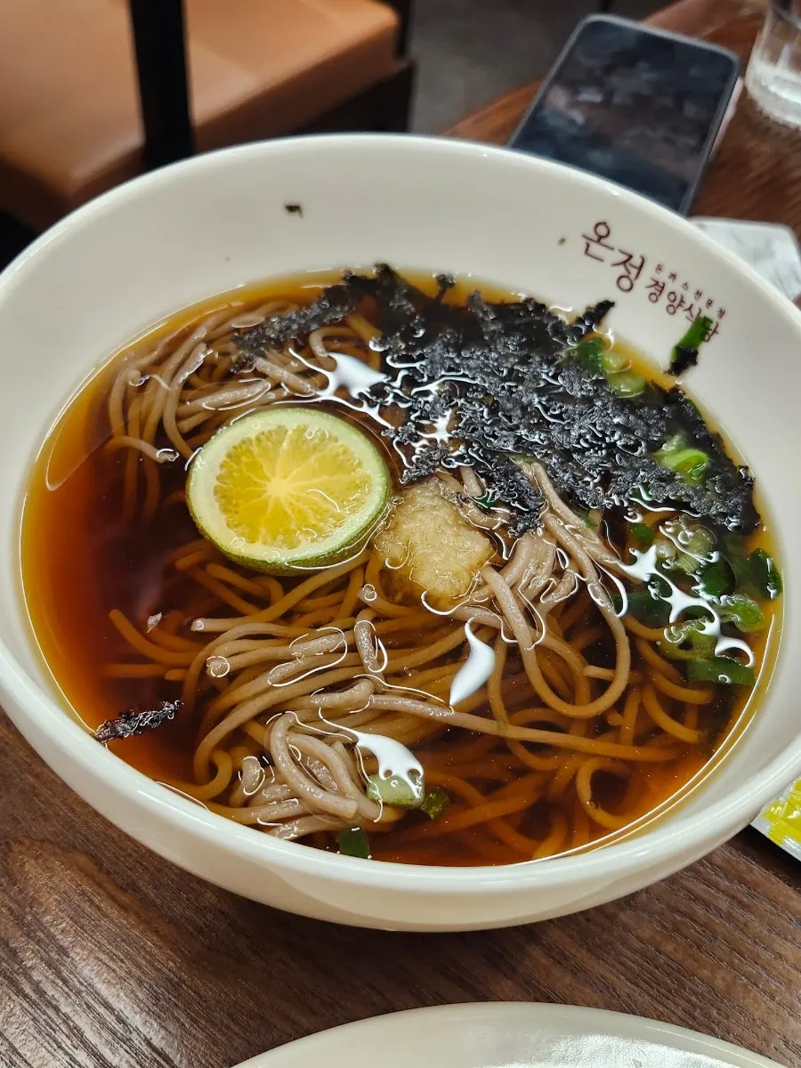 큰 그릇에 담긴 냉모밀과 토핑