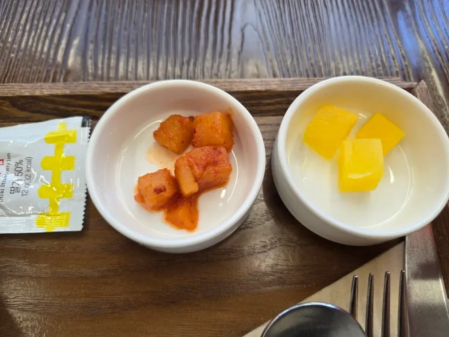 Plate of diced radish kimchi and pickled radish