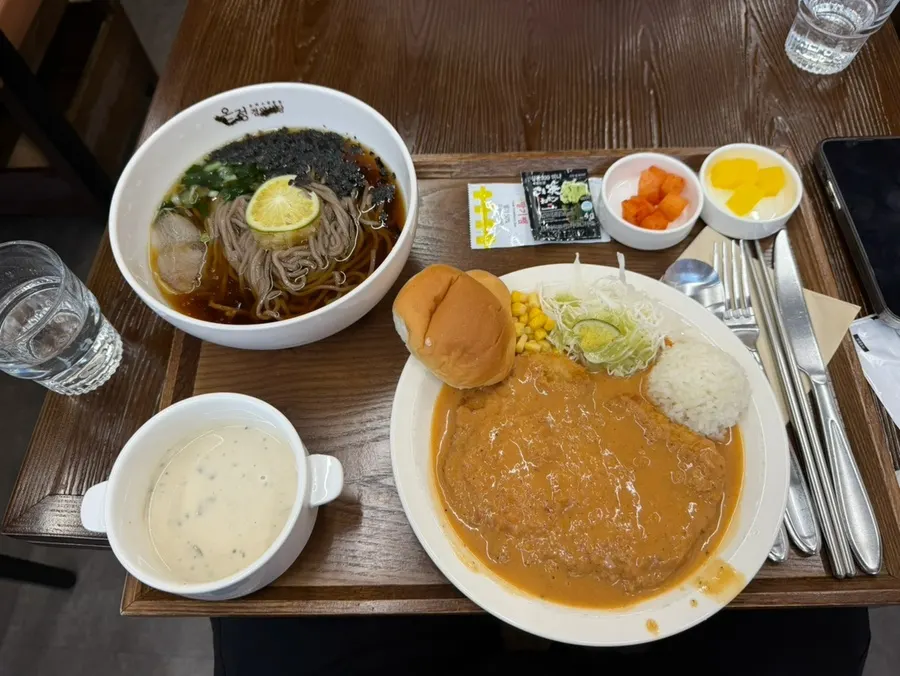 A spread with classic pork cutlet and cream soup