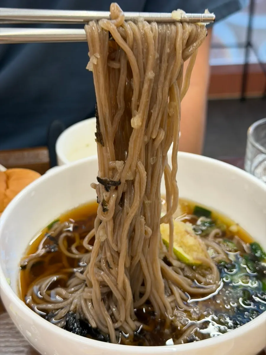 Table setting with soba and pork cutlet together