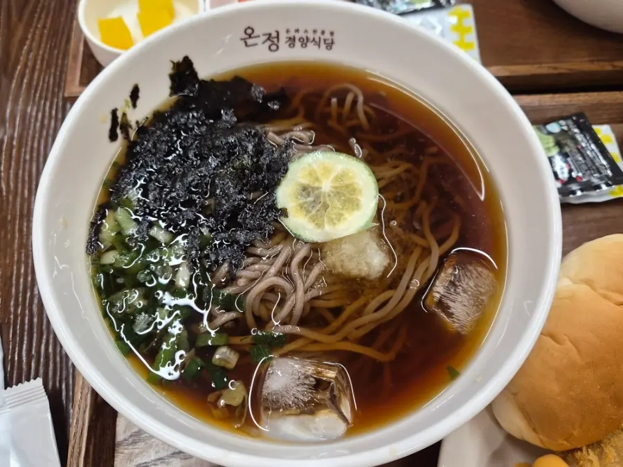 Cold soba served alongside the cheddar cheese cutlet