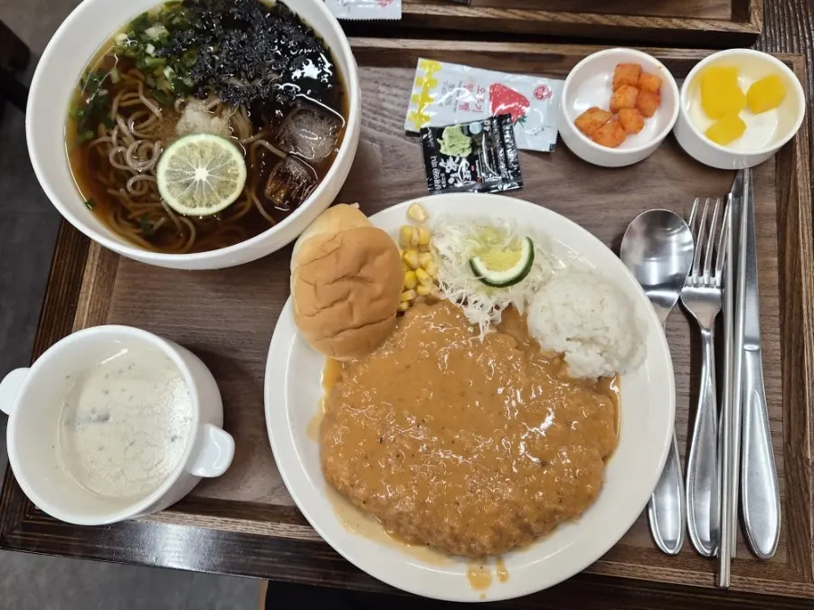 Full spread of the cold soba and classic cutlet set