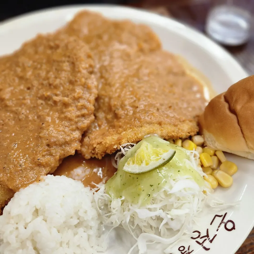 ソースがたっぷりかかった薄めの経洋食とんかつ